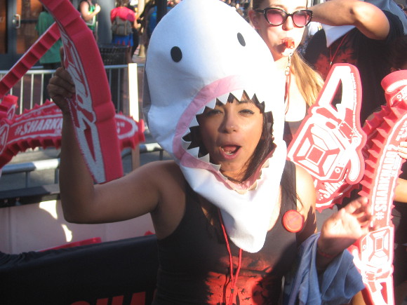 Crazy people wearing shark heads were promoting Sharknado 2.