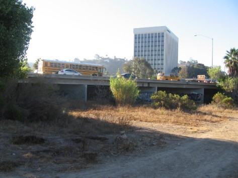Looking under Highway 163 where the homeless often pass or gather.