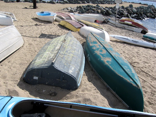 Colorful sandy-bottomed boats lie on the sand near Shelter Island boat ramp.