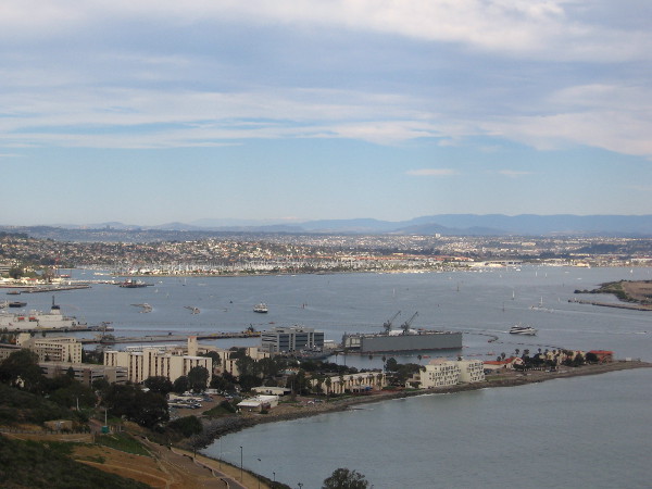 Looking out over San Diego Bay. Shelter Island lies in the distance beyond Naval Base Point Loma.