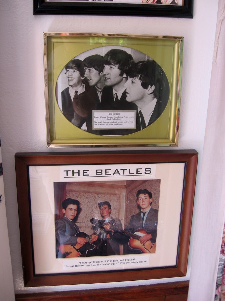 Beatles display on a wall inside the House of England cottage.