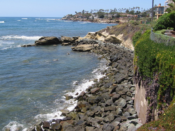 Gazing north along the rocky shore. La Jolla Cove is on the other side of that distant jutting land.