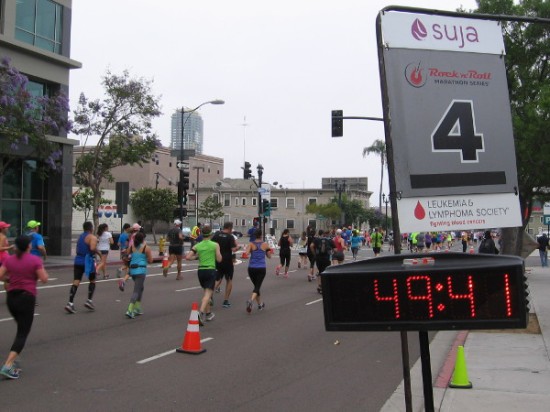 Marathon participants at the mile 4 marker, racing through downtown San Diego.