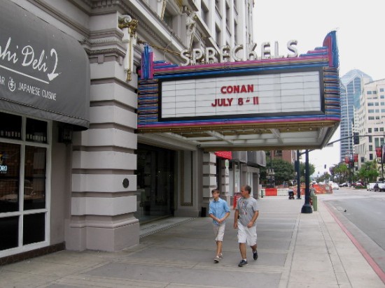 Conan O'Brien Live at 2015 San Diego Comic-Con, advertised on marquee of the Spreckels Theater Building in downtown San Diego.