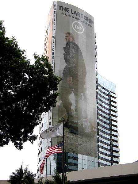 The Last Ship building wrap on the Marriott hotel is finally finished several days before Comic-Con opens.