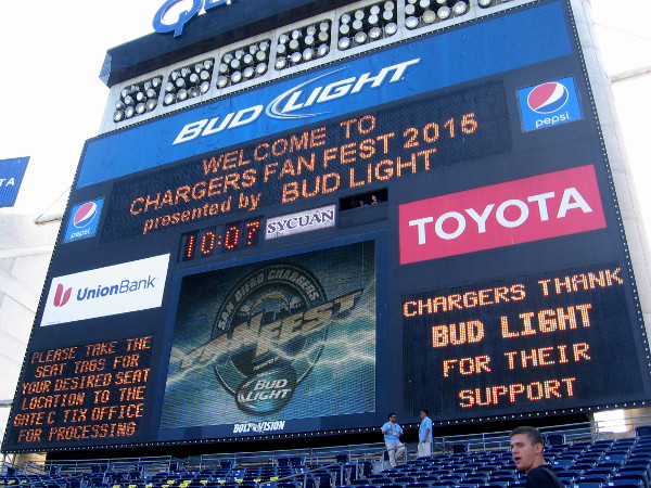 The old Jumbotron reads Welcome to Chargers FanFest 2015.