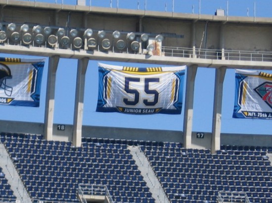 Today NFL legend Junior Seau was inducted into the Pro Football Hall of Fame. A banner honoring number 55 hangs high and proudly in Qualcomm Stadium.