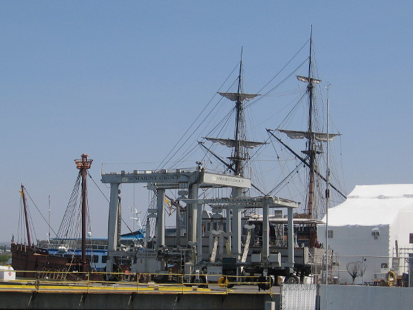 I could glimpse the masts of the San Salvador and HMS Surprise, two ships of the Maritime Museum of San Diego, which are being worked on at this Chula Vista shipyard.