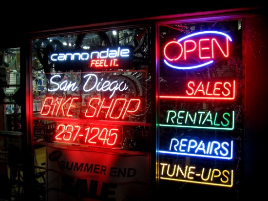 Lots of super colorful neon at the San Diego Bike Shop on C Street.