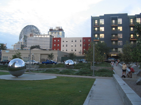 Morning photo of the new Fault Line Park in San Diego's East Village. The Central Library's dome is visible in the background.
