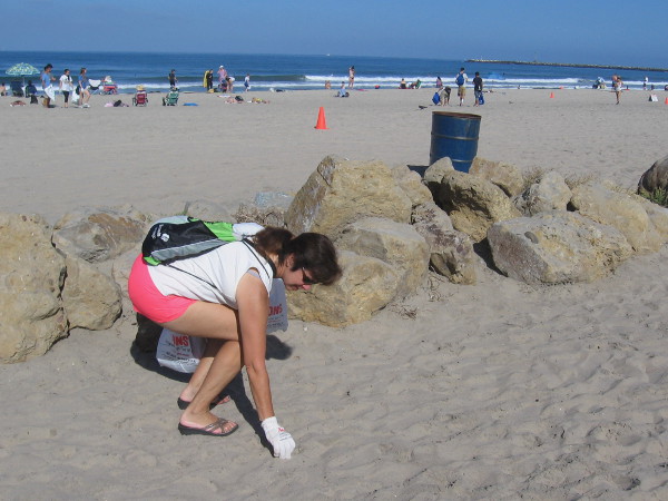 People were combing the beach for trash of every kind, including styrofoam, plastic wrappers and cigarette butts.