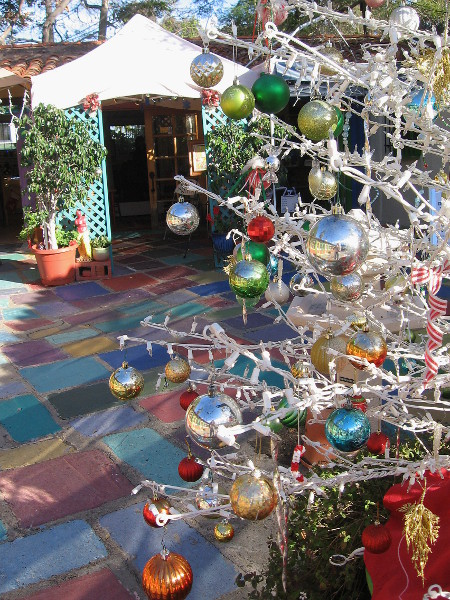 Many glittery, colorful Christmas trees could be seen throughout Spanish Village.
