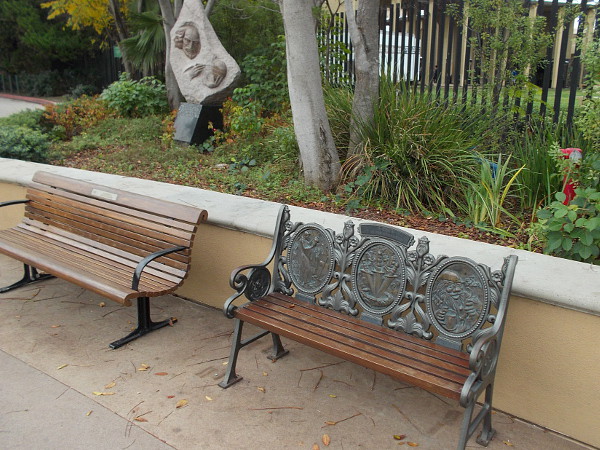 The first bench is dedicated to that magical playwright Shakespeare! As you might recall, the Bard is associated with the Globe Theatre, which was in London.