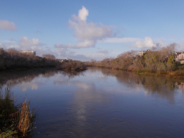 A beautiful morning photo of the San Diego River taken from Mission Center Road. This spot often floods and traffic must be diverted.