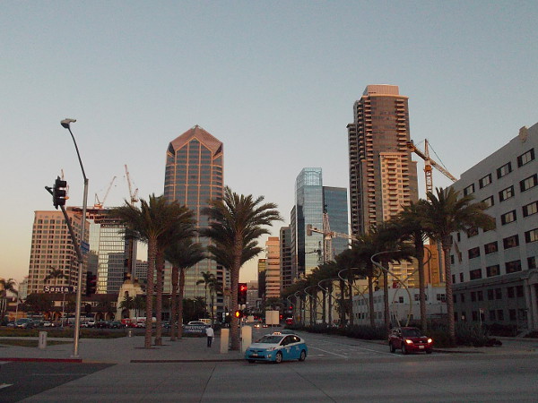Walking east on Broadway from the Embarcadero just moments after sunset.