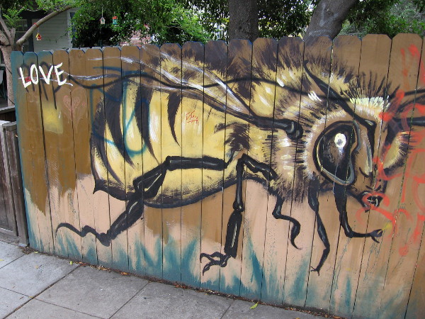 A large bee and the word LOVE. Street art on a fence near the top of Golden Hill.