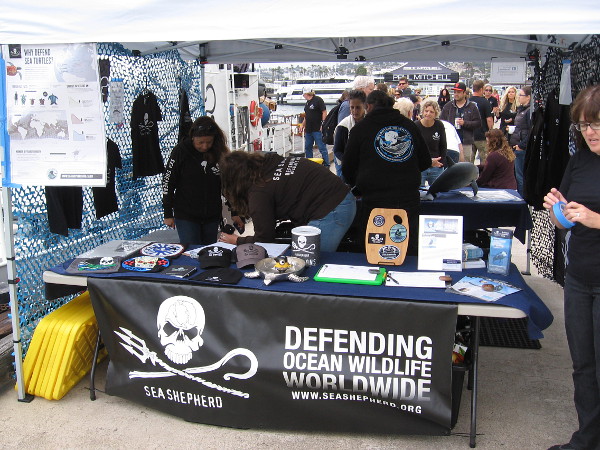 A tent near the boat featured gifts and information in support of Sea Shepherd. Defending Ocean Wildlife Worldwide.