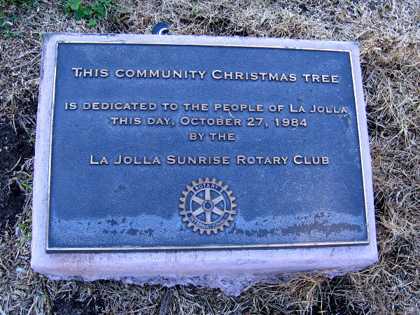 This Community Christmas Tree is dedicated to the people of La Jolla this day, October 27, 1984, by the La Jolla Sunrise Rotary Club.