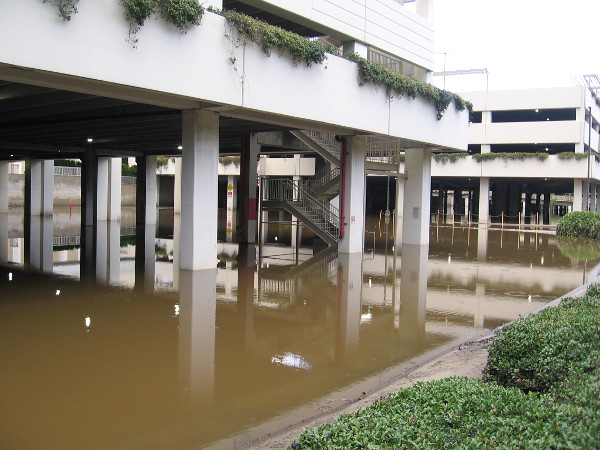 The parking structures at Fashion Valley Mall that are susceptible to flooding were definitely well underwater. Thank goodness, I saw no submerged cars.