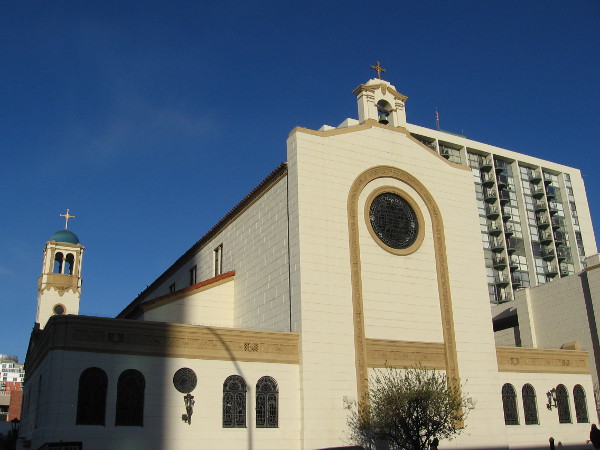 Early morning sunshine brightens the east side of St. Joseph Cathedral in downtown San Diego.