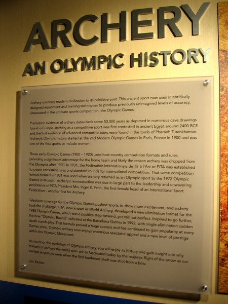 Along a corridor running the length of the Archery Center of Excellence are museum-like displays concerning archery during past Olympic Games. (Click image to enlarge.)