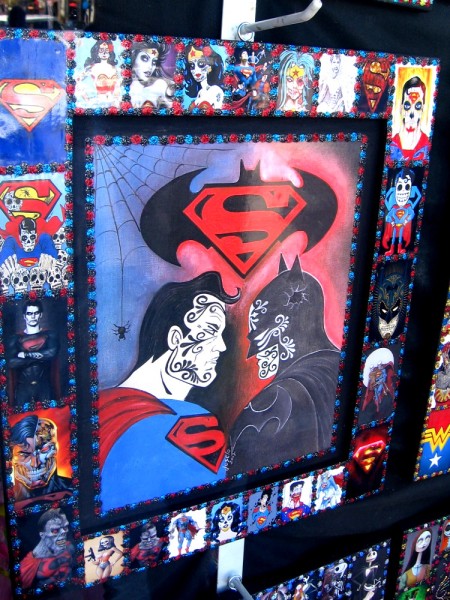 Day of the Dead (Día de los Muertos) art rendition of Justice League heroes, including Superman and Batman.