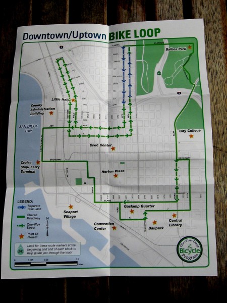 A map of the San Diego downtown and uptown bike loop. (Click image to enlarge.)