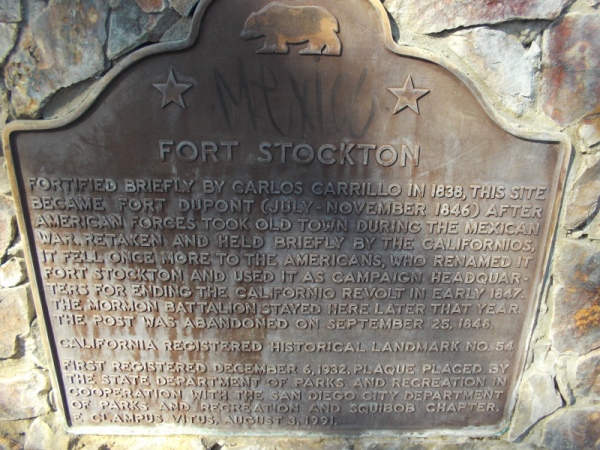 California Historical Landmark plaque at Fort Stockton. The top of Presidio Hill was fortified by Carlos Carrillo in 1838. From July to November 1846 the fortification was called Fort Dupont when American forces temporarily held Old Town.