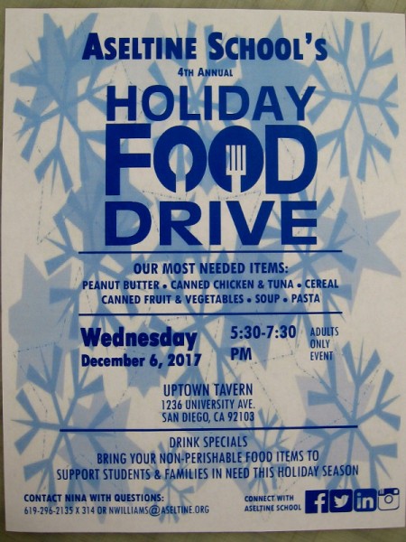 Aseltine School's 2017 Holiday Food Drive takes place Wednesday, December 6, 530 pm to 730 pm, at Uptown Tavern in Hillcrest.