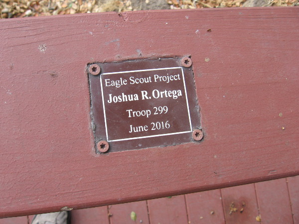 Plaque on the bridge reads Eagle Scout Project - Joshua R. Ortega - Troop 299 - June 2016.