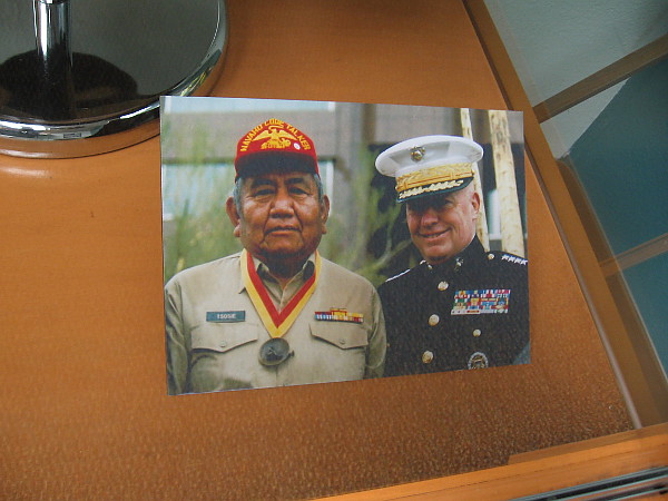 Navajo Code Talker Samuel Tsosie Sr., pictured with Alfred M. Gray Jr. during an award assembly in 2009. Gray served as the 29th Commandant of the Marine Corps from 1987-1991.