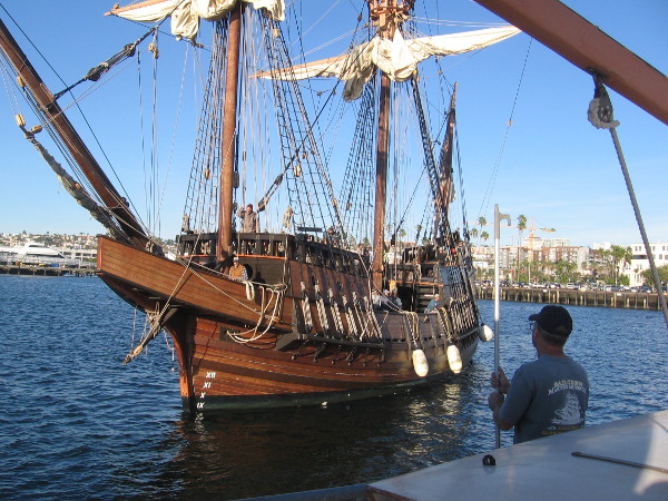 The Maritime Museum of San Diego's replica of explorer Cabrillo's galleon, San Salvador, comes in from a short trip out into the Pacific Ocean.