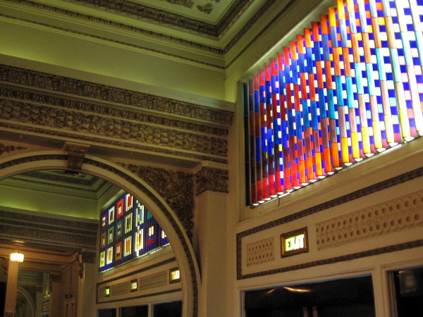 We've stepped into the lobby of the theatre. The amazing glass artwork above the entrance was created in 1983 by Yaakov Agam, commissioned by theatre President, Jacquelyn Littlefield.