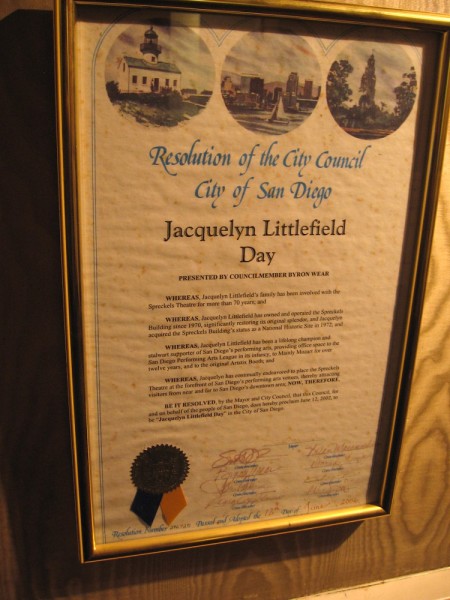 Resolution by San Diego City Council honoring Jacqelyn Littlefield Day, owner and operator of the beautiful Spreckels Theatre since 1970.