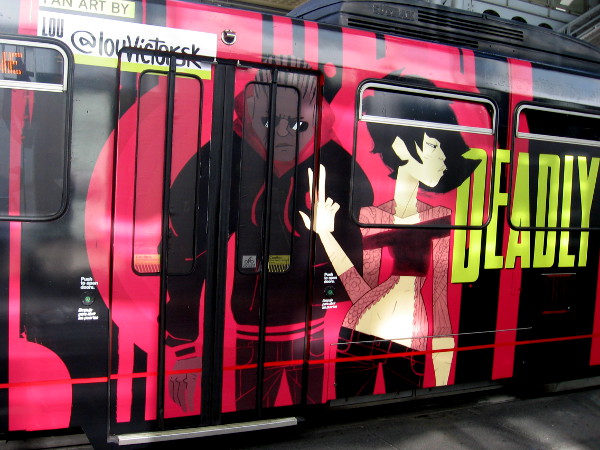 Deadly Class on Syfy is being promoted on a San Diego trolley car with cool fan art.