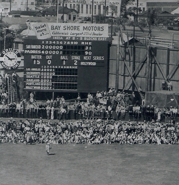 A new attendance record (13,466) was set on May 2, 1948 for a game with the San Francisco Seals. During the game, fans stood and sat in the outfield against the fence. A ball that went into the crowd was a ground rule double. Photo from the Bill Swank collection.