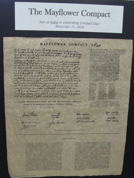 The Mayflower Compact, signed aboard ship, was the first governing document of Plymouth Colony. It specified basic laws and social rules for the new colony.