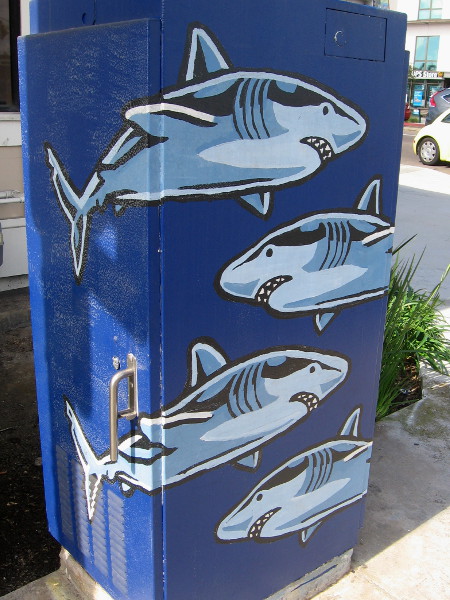 Fun shark street art on a utility box at the corner of Shelter Island Drive and Rosecrans Street.