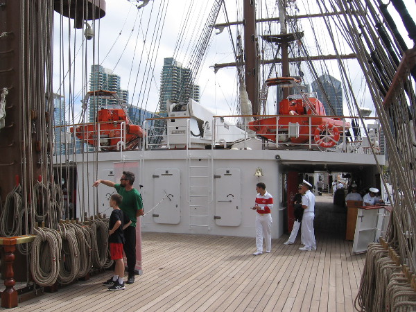 On the main deck of BAP Unión, near the aft mainmast and its many ropes.