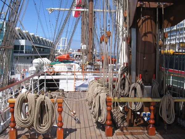 Looking backward across the upper deck of the picturesque Peruvian tall ship.