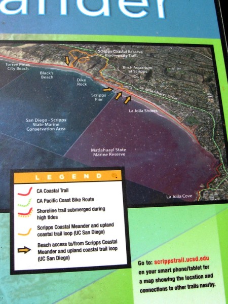 A map on the sign shows the California Coastal Trail in relation to the beach, the Scripps Coastal Reserve Biodiversity Trail, Scripps Pier and La Jolla Shores.