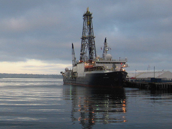 Research vessel JOIDES Resolution (Joint Oceanographic Institutions for Deep Earth Sampling), a scientific drilling ship used by the International Ocean Discovery Program, docked in San Diego.