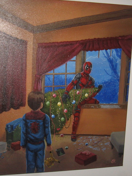 How Deadpool Stole Christmas, by artist Marc Vuletich. Acrylic paint on canvas. Deadpool enters Peter Parker's home in an homage to How the Grinch Stole Christmas.