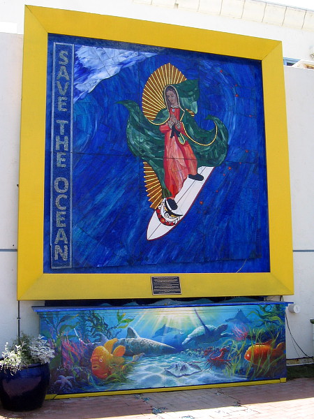 The Surfing Madonna in Encinitas, California. A mosaic by artist Mark Patterson.